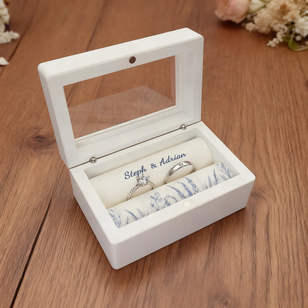 Coffret à Alliances Blanc avec Fenêtre – Prénoms & Date Gravés
