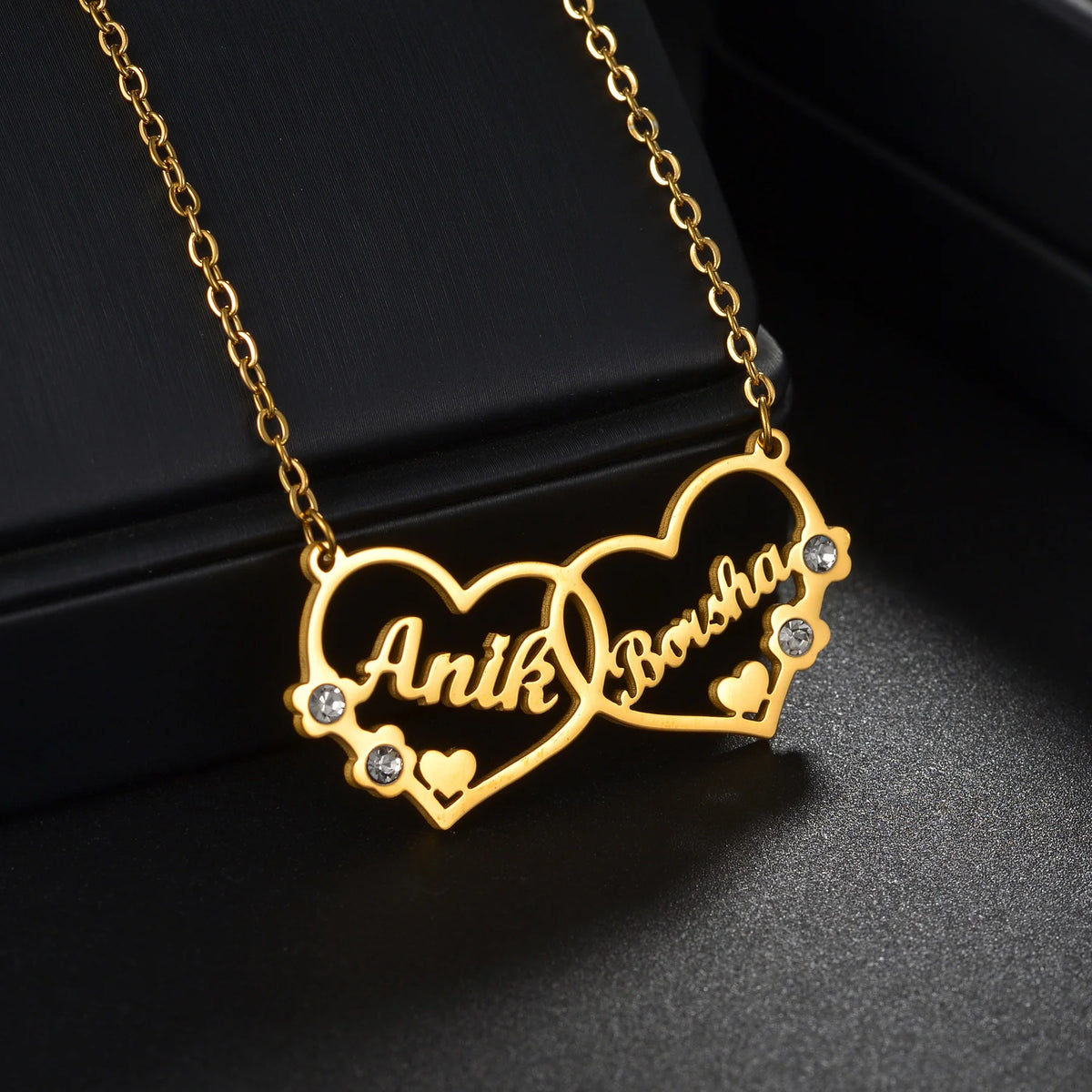 Collier Personnalisé 2 Prénoms – Cœur en Zircon, Acier Inoxydable