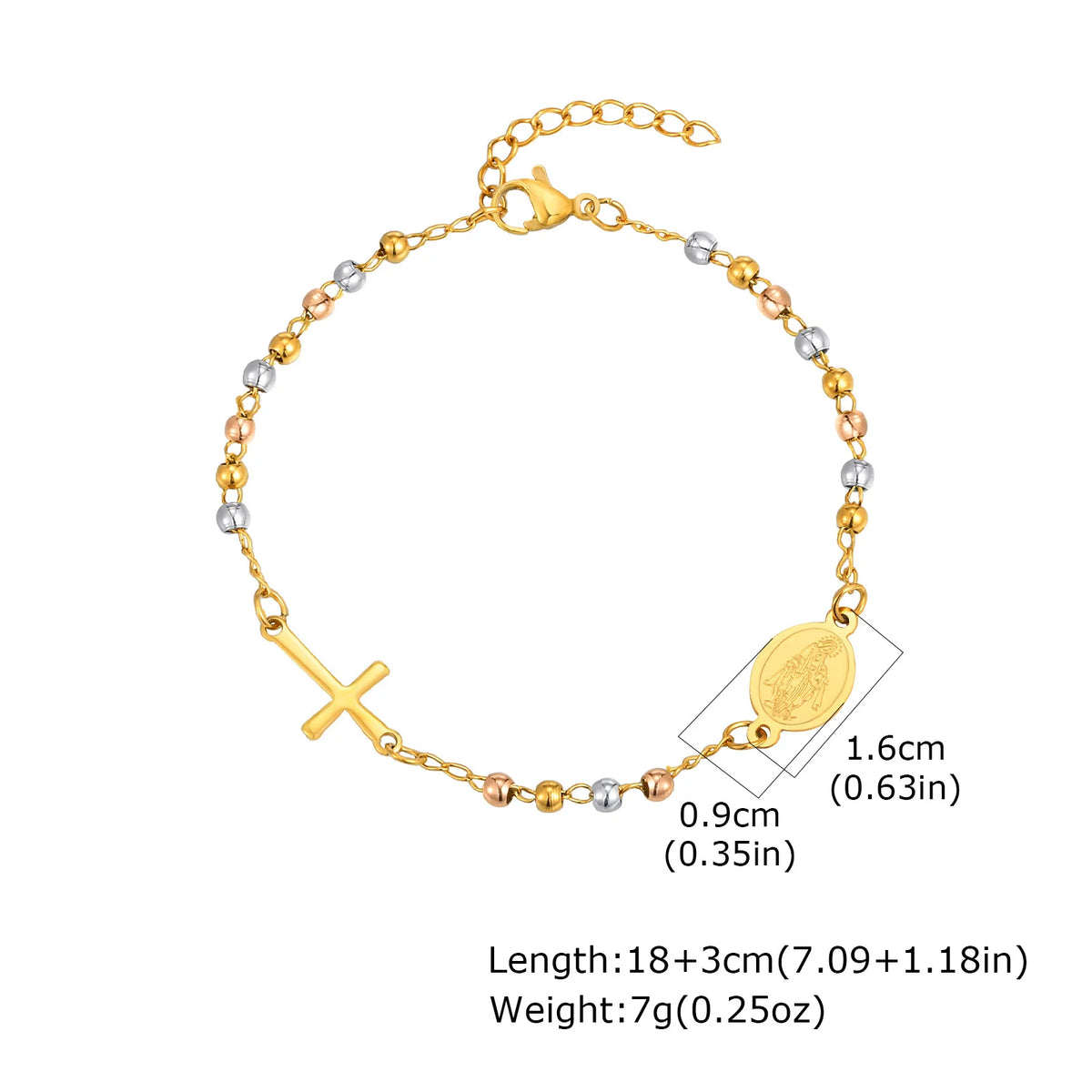 Bracelet Fin Croix & Médaille Vierge Marie – Acier Inoxydable