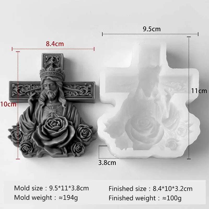 Moule en Silicone Croix et Vierge Marie aux Roses – Bougie, Savon, Plâtre