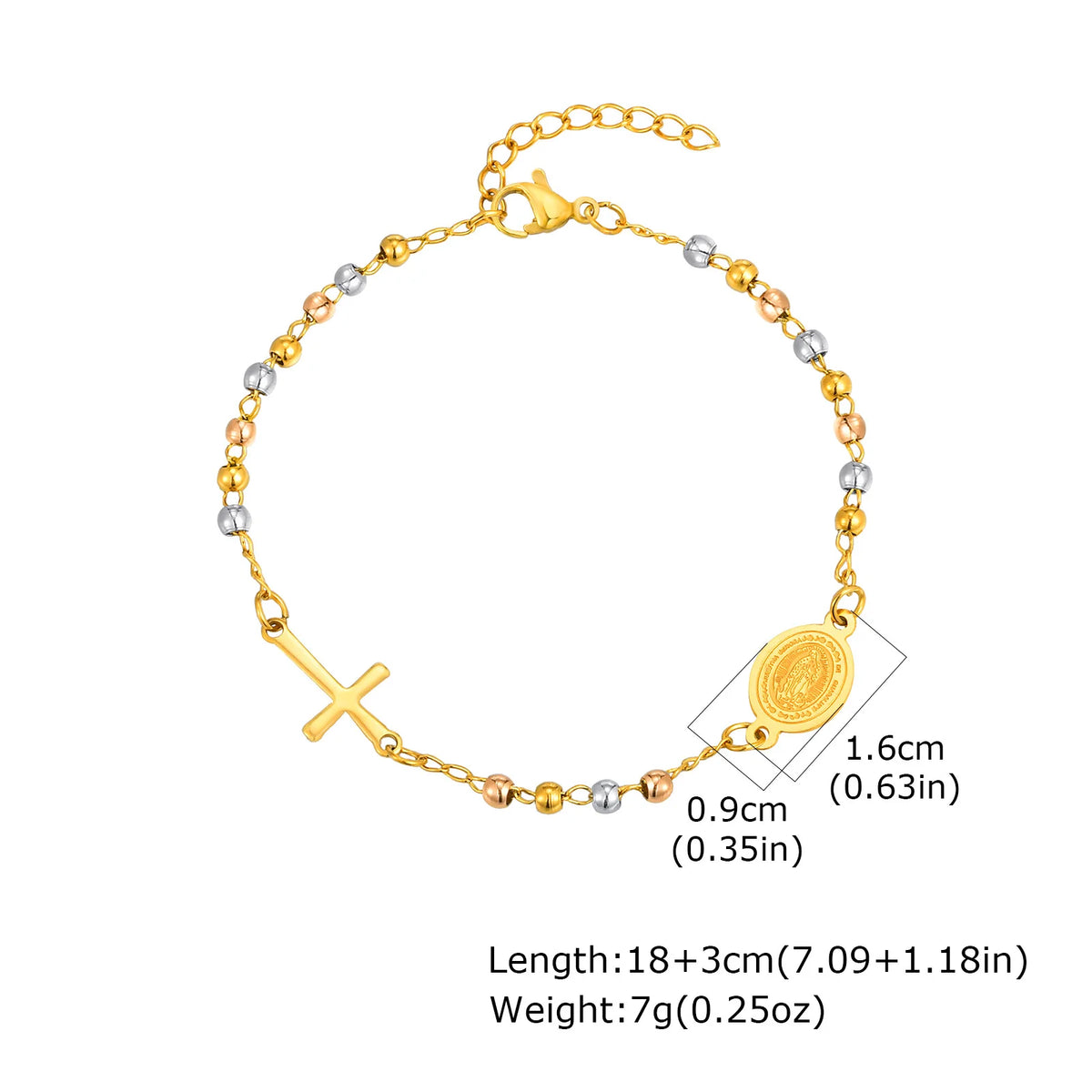 Bracelet Fin Croix & Médaille Vierge Marie – Acier Inoxydable