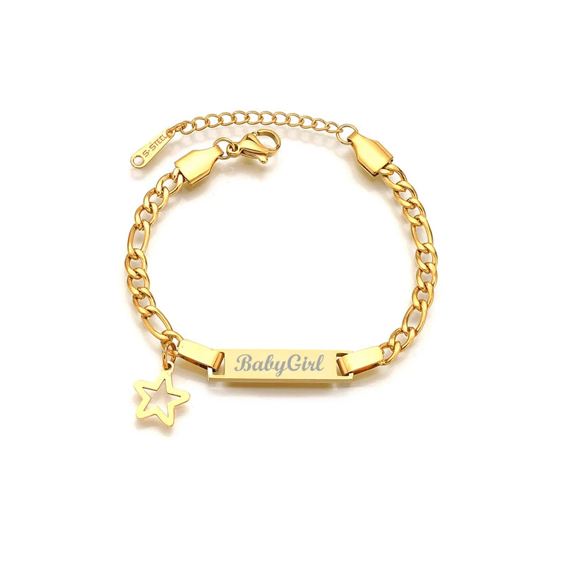 Bluelory Personalized Baby Name Bracelet Stainless Steel Heart Star Crown Butterfly Custom Child Bracelets For Boy Girl Gift