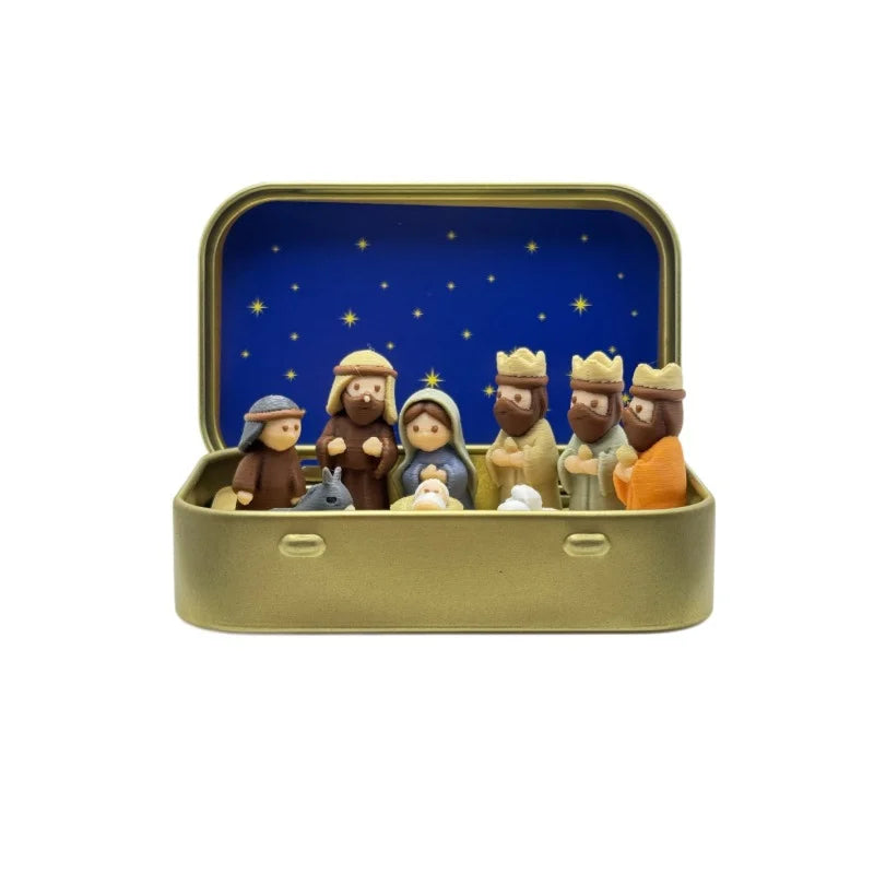 Mini Crèche de Noël dans sa Boîte en Métal – Nativité de Poche