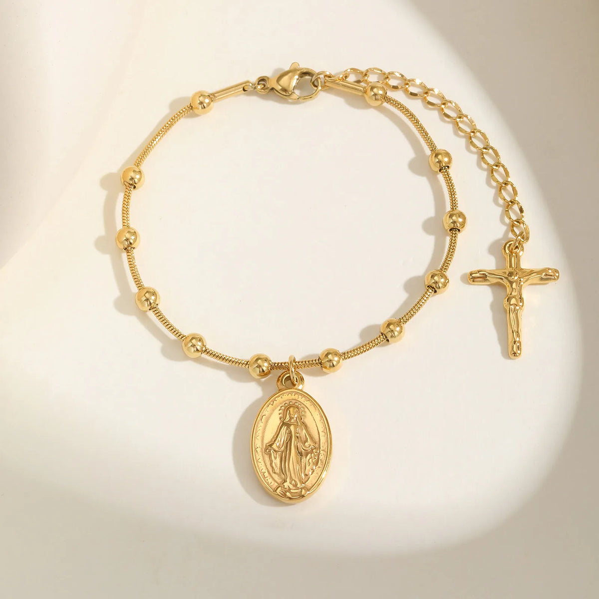Bracelet Chapelet Double Chaîne – Médaille Vierge Marie & Croix