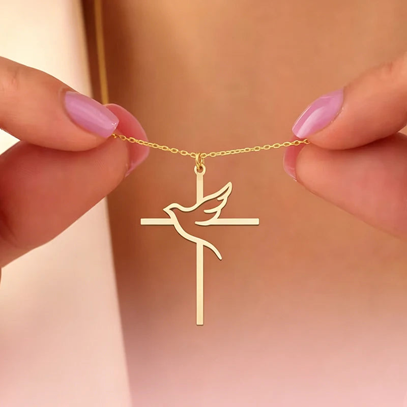 Collier Croix et Colombe de la Paix – Acier Inoxydable Doré ou Argenté