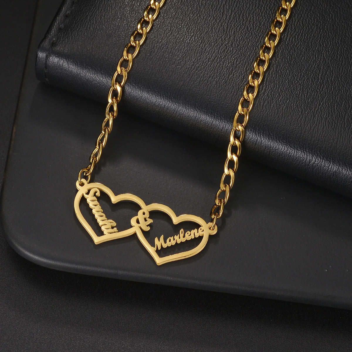 Collier Personnalisé 2 Prénoms – Cœur en Zircon, Acier Inoxydable
