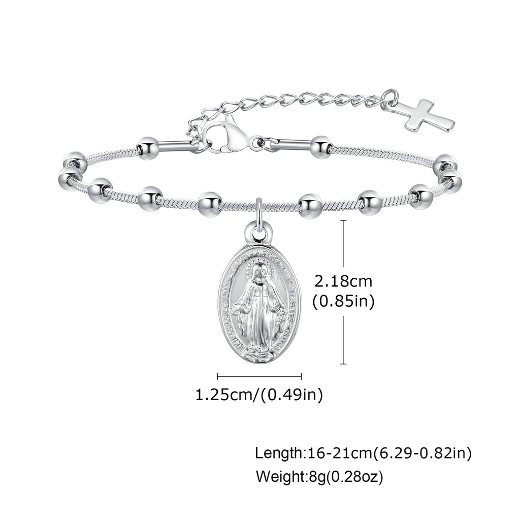 Bracelet Chapelet Médaille Vierge Marie – Acier, Ajustable 16 à 21 cm