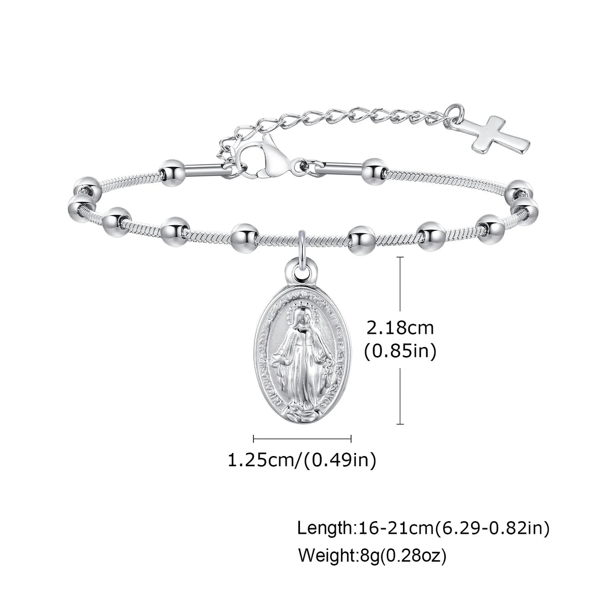 Bracelet Chapelet Médaille Vierge Marie – Acier, Ajustable 16 à 21 cm