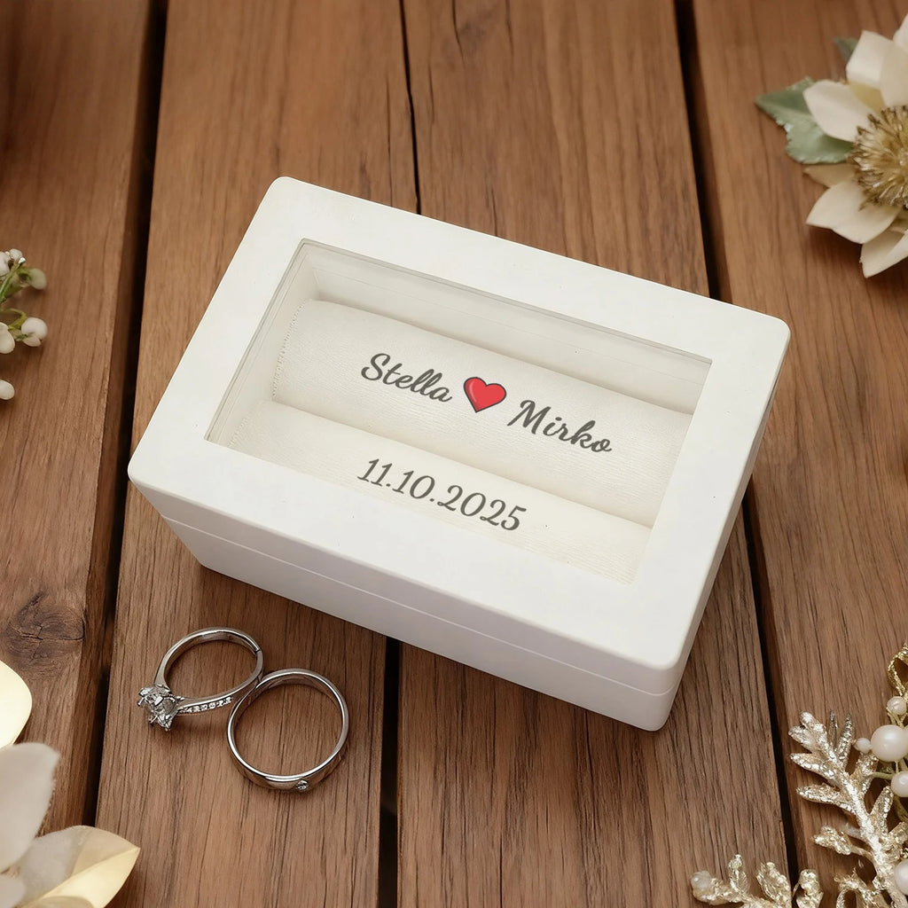 Coffret à Alliances Blanc avec Fenêtre – Prénoms & Date Gravés