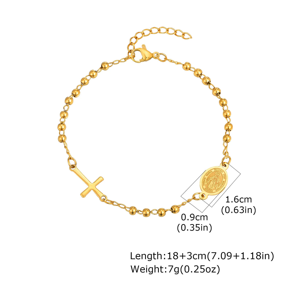 Bracelet Fin Croix & Médaille Vierge Marie – Acier Inoxydable