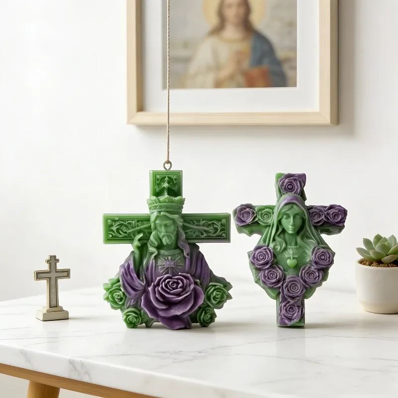 Moule en Silicone Croix et Vierge Marie aux Roses – Bougie, Savon, Plâtre