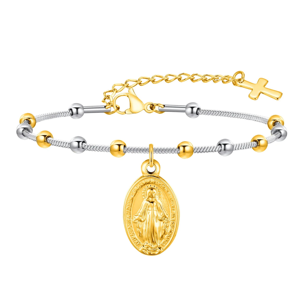 Bracelet Chapelet Médaille Vierge Marie – Acier, Ajustable 16 à 21 cm