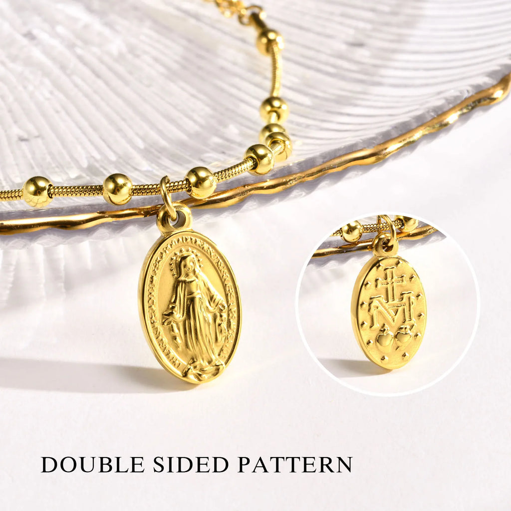 Bracelet Chapelet Médaille Vierge Marie – Acier, Ajustable 16 à 21 cm