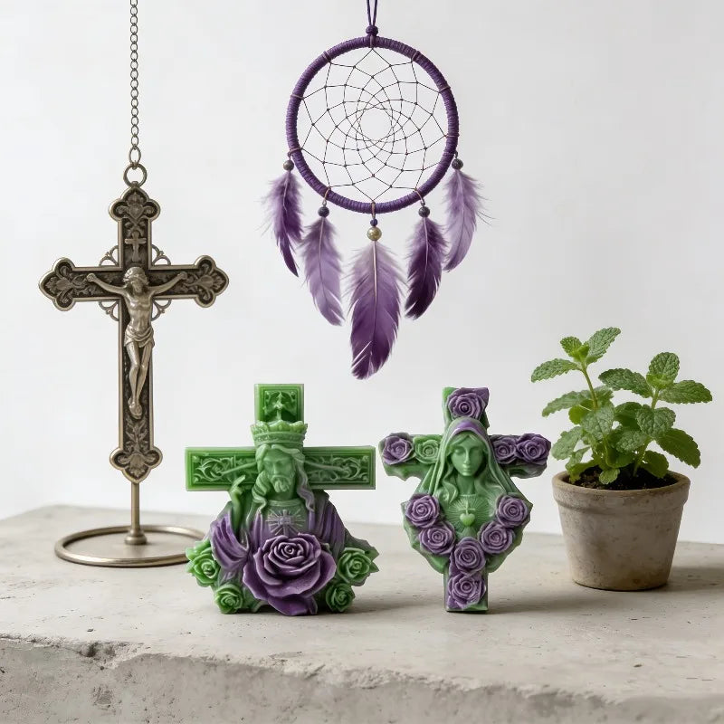 Moule en Silicone Croix et Vierge Marie aux Roses – Bougie, Savon, Plâtre