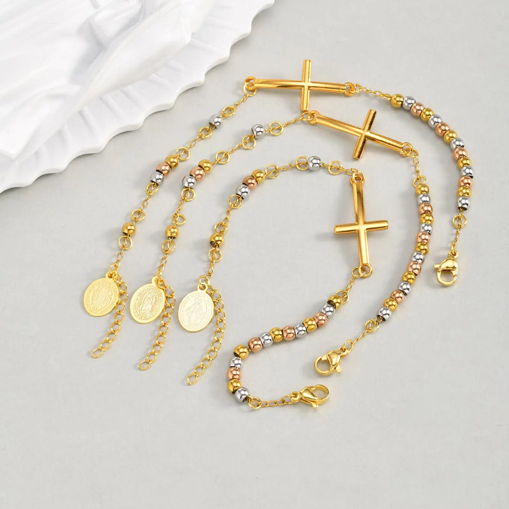 Bracelet Croix & Médaille – Perles Dorées ou Tricolores