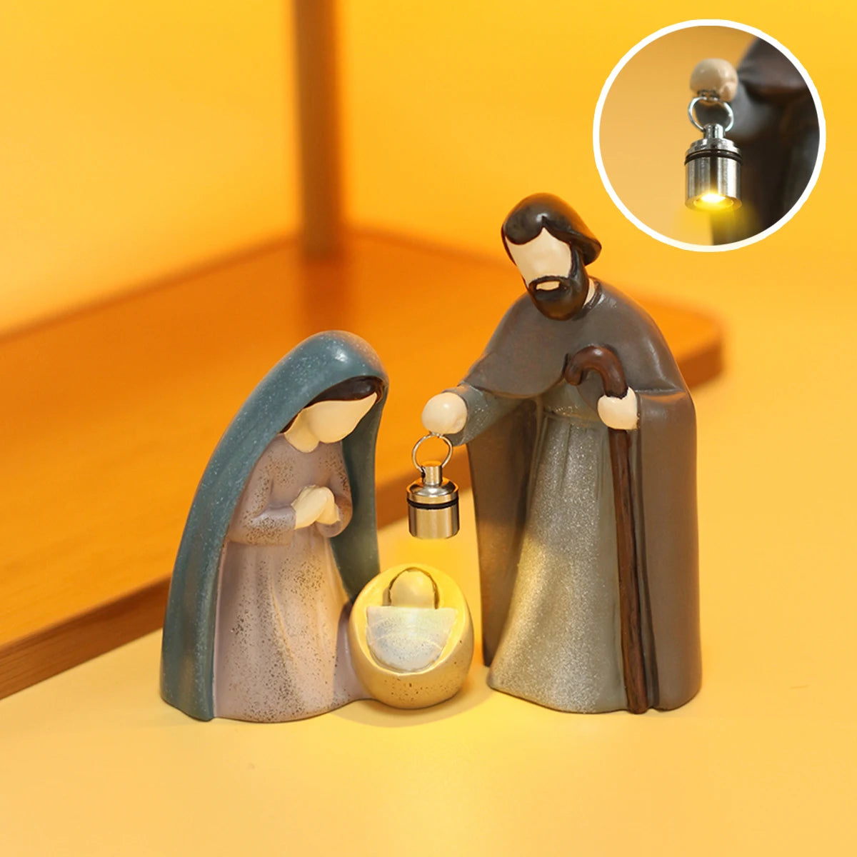 2-pCS Christmas Nativity Scene Ornament, Luminous Handheld Lamp, Rotary Switch, Resin Crafts