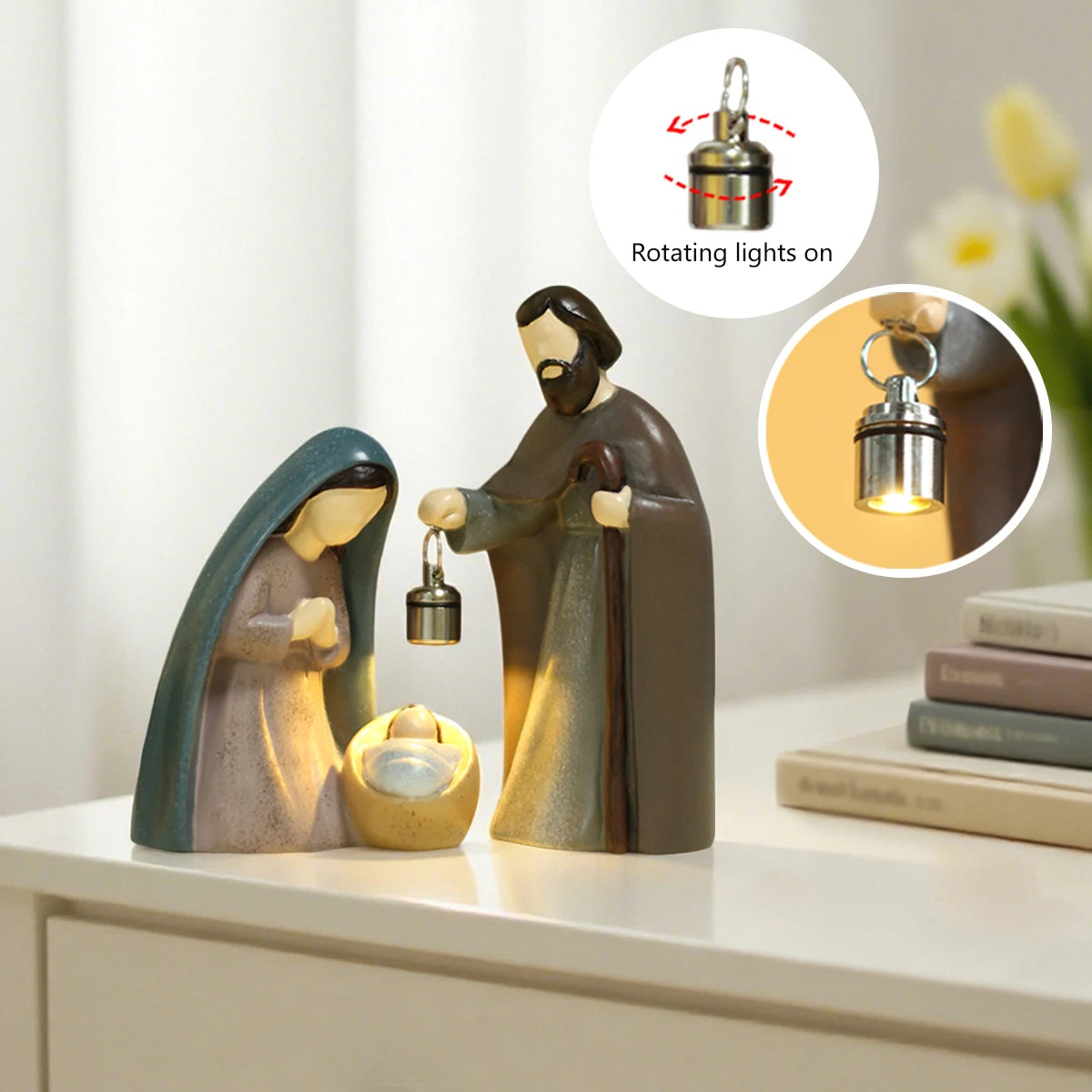 2-pCS Christmas Nativity Scene Ornament, Luminous Handheld Lamp, Rotary Switch, Resin Crafts