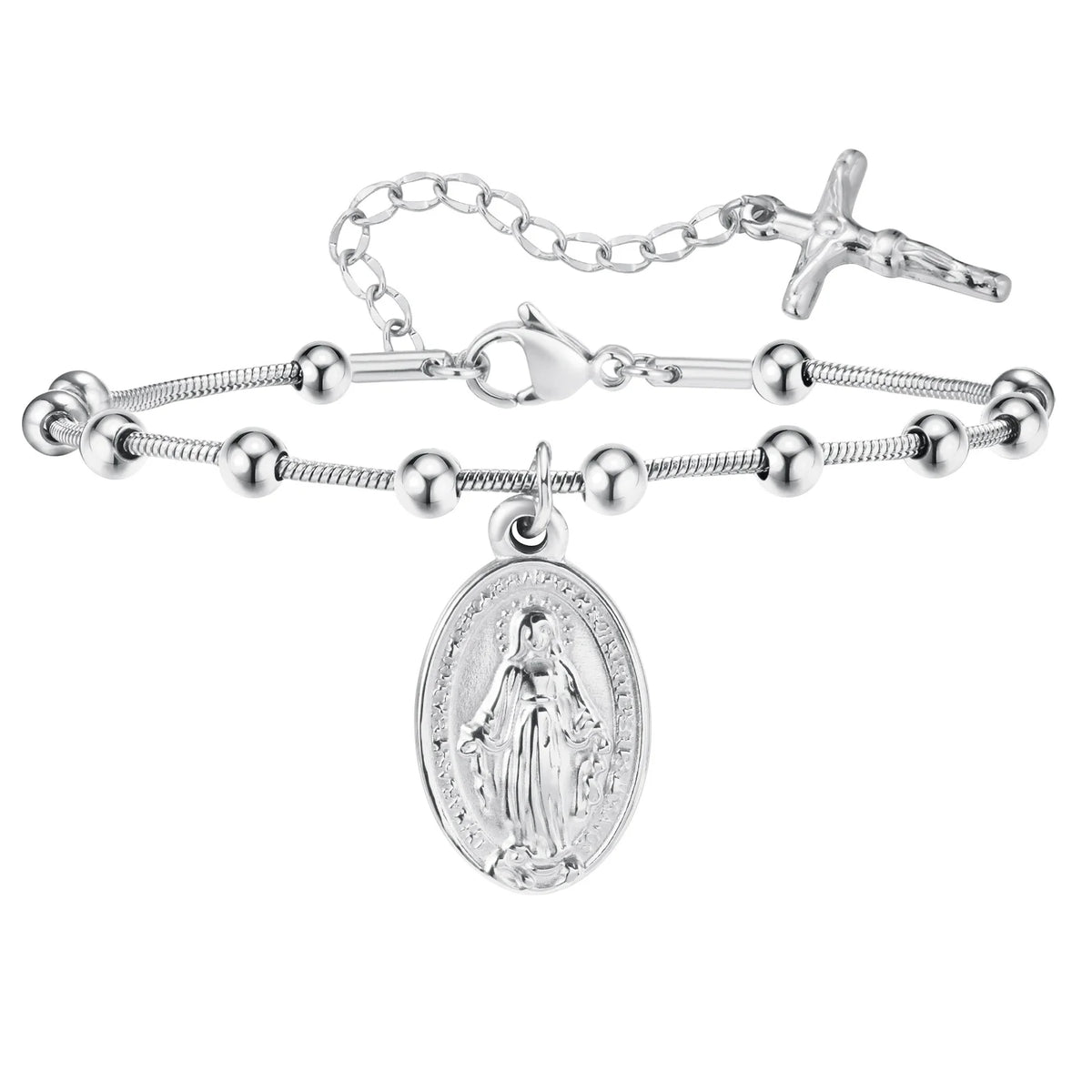 Bracelet Chapelet Médaille Vierge Marie – Acier, Ajustable 16 à 21 cm