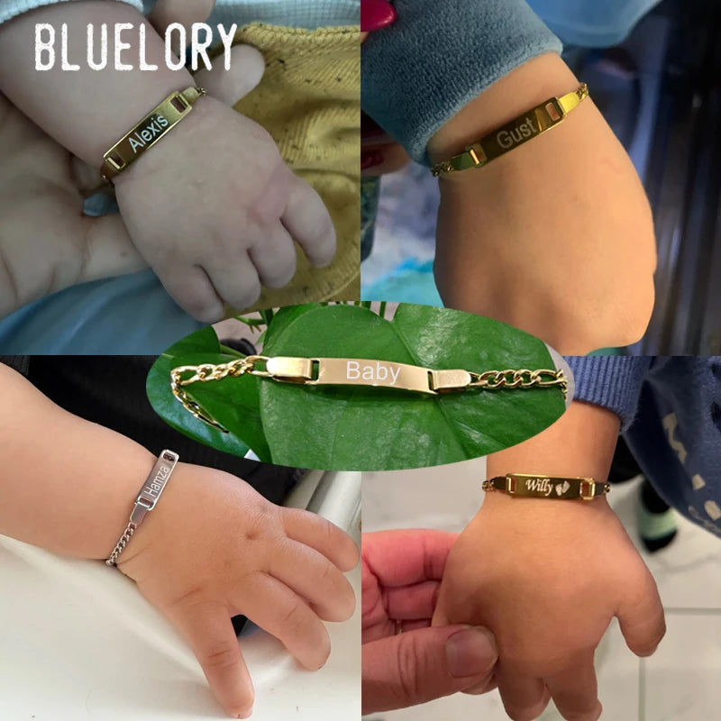 Bluelory Personalized Baby Name Bracelet Stainless Steel Heart Star Crown Butterfly Custom Child Bracelets For Boy Girl Gift