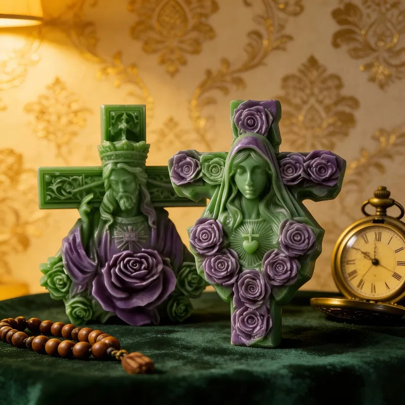 Moule en Silicone Croix et Vierge Marie aux Roses – Bougie, Savon, Plâtre