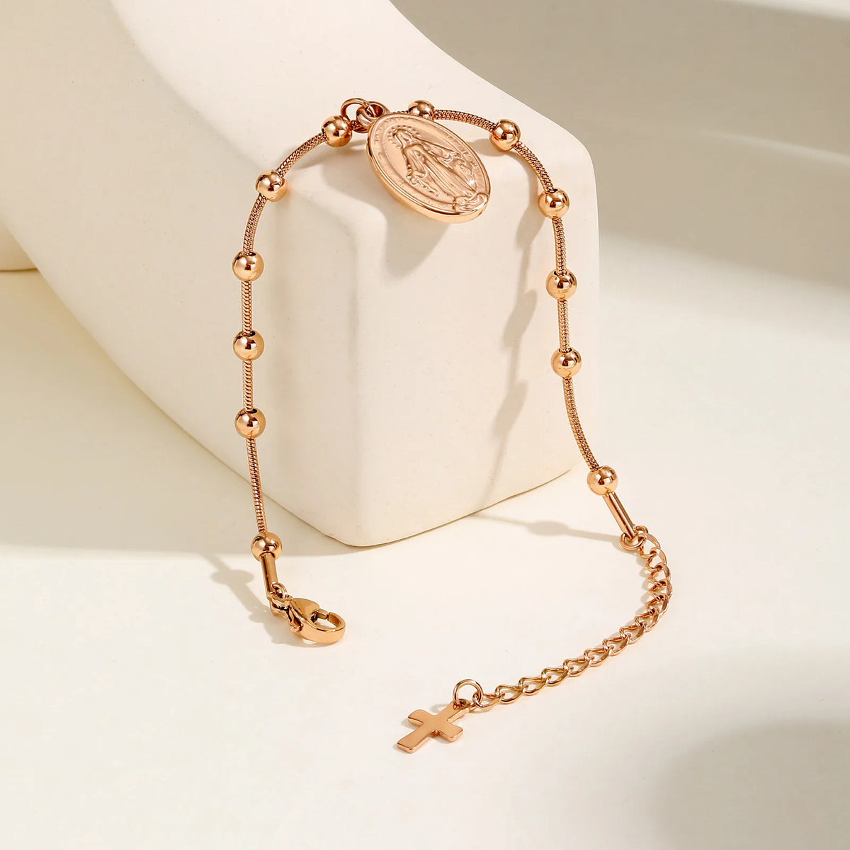 Bracelet Chapelet Double Chaîne – Médaille Vierge Marie & Croix