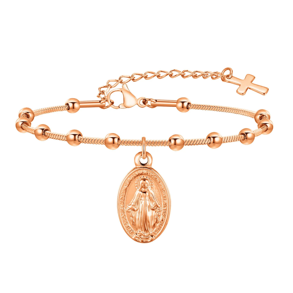 Bracelet Chapelet Médaille Vierge Marie – Acier, Ajustable 16 à 21 cm