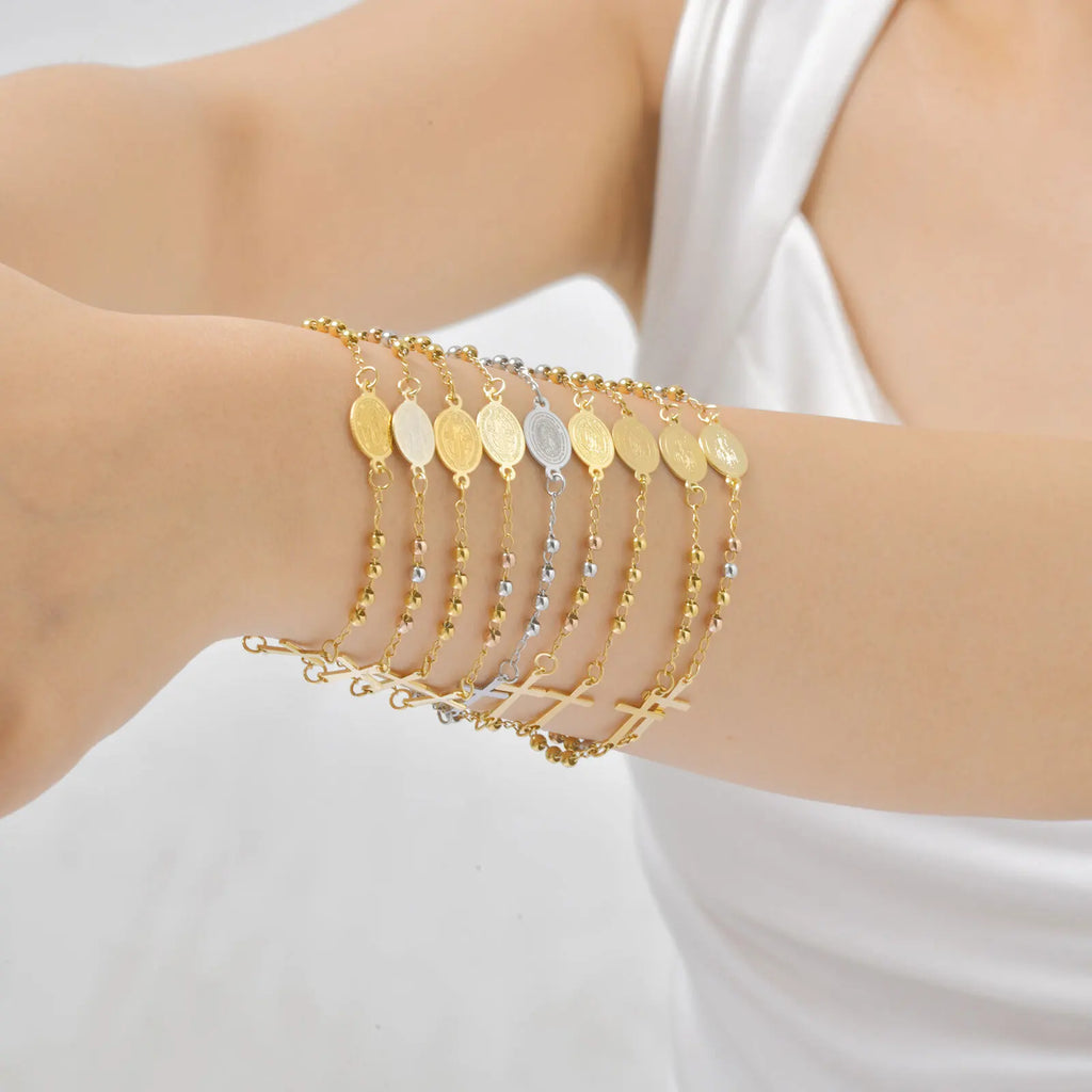 Bracelet Fin Croix & Médaille Vierge Marie – Acier Inoxydable