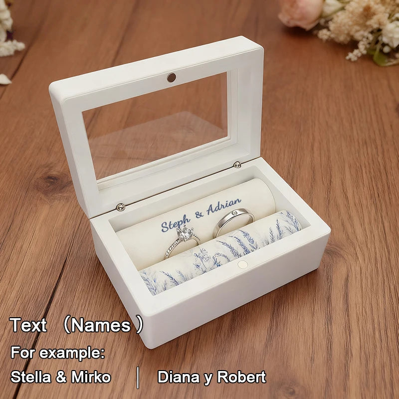 Coffret à Alliances Blanc avec Fenêtre – Prénoms & Date Gravés