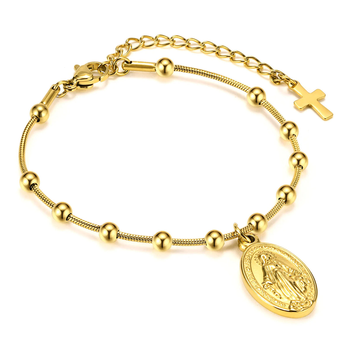 Bracelet Chapelet Médaille Vierge Marie – Acier, Ajustable 16 à 21 cm