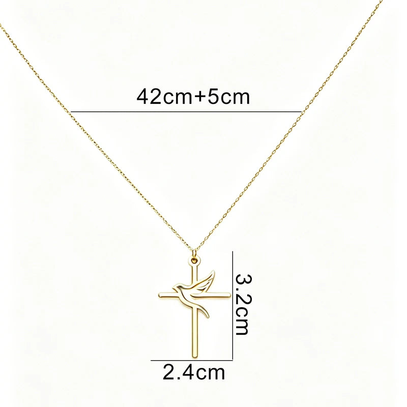 Collier Croix et Colombe de la Paix – Acier Inoxydable Doré ou Argenté