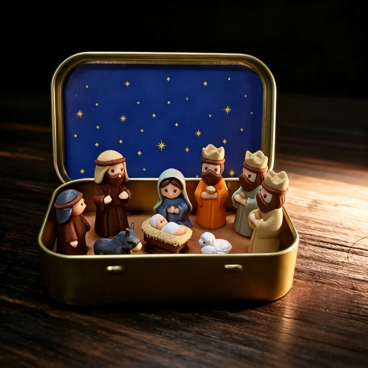 Mini Crèche de Noël dans sa Boîte en Métal – Nativité de Poche