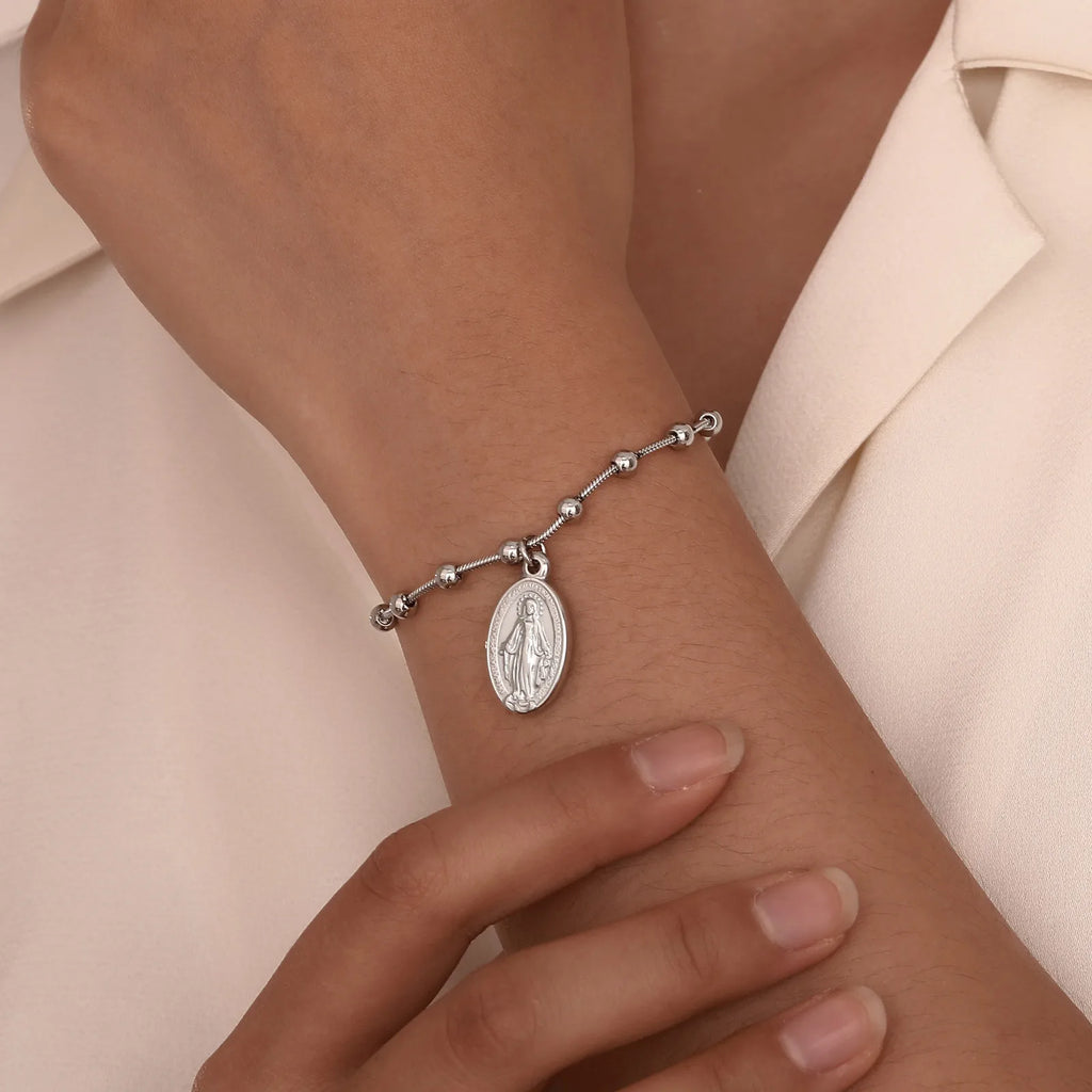Bracelet Chapelet Médaille Vierge Marie – Acier, Ajustable 16 à 21 cm