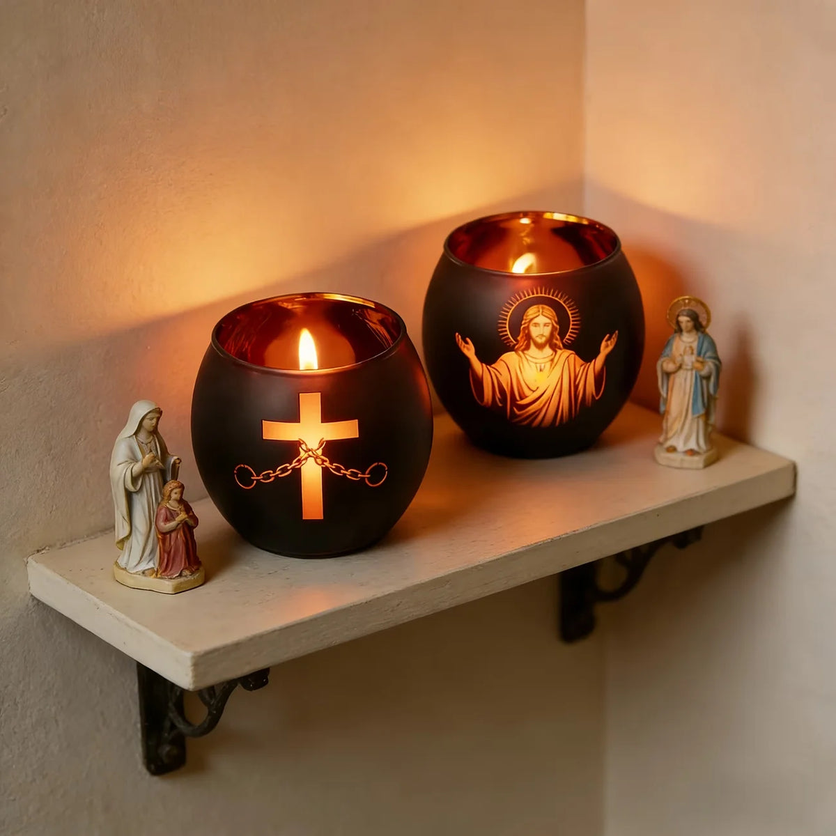 Lot de 2 Photophores en Verre Noir – Jésus et Croix Lumineux