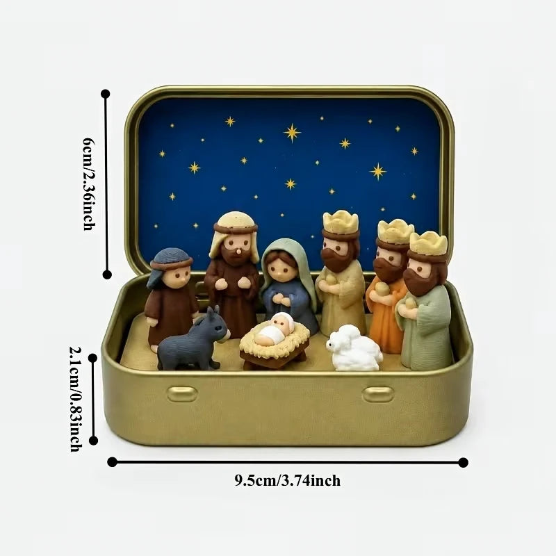 Mini Crèche de Noël dans sa Boîte en Métal – Nativité de Poche