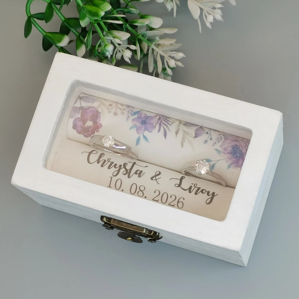 Boîte à Alliances en Bois Blanc Personnalisée – Prénoms & Date de Mariage