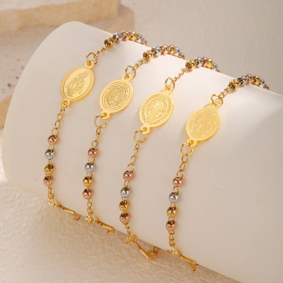 Bracelet Fin Croix & Médaille Vierge Marie – Acier Inoxydable