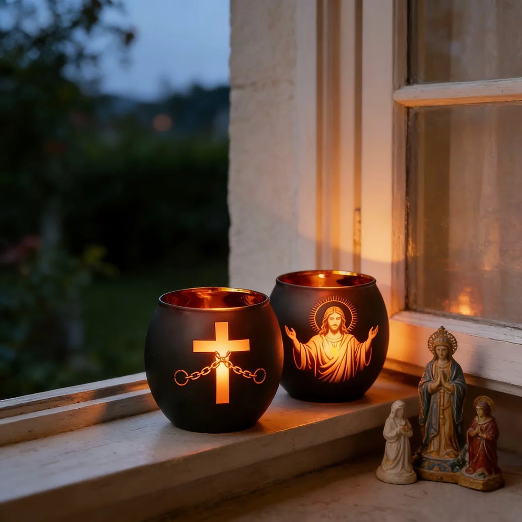 Lot de 2 Photophores en Verre Noir – Jésus et Croix Lumineux
