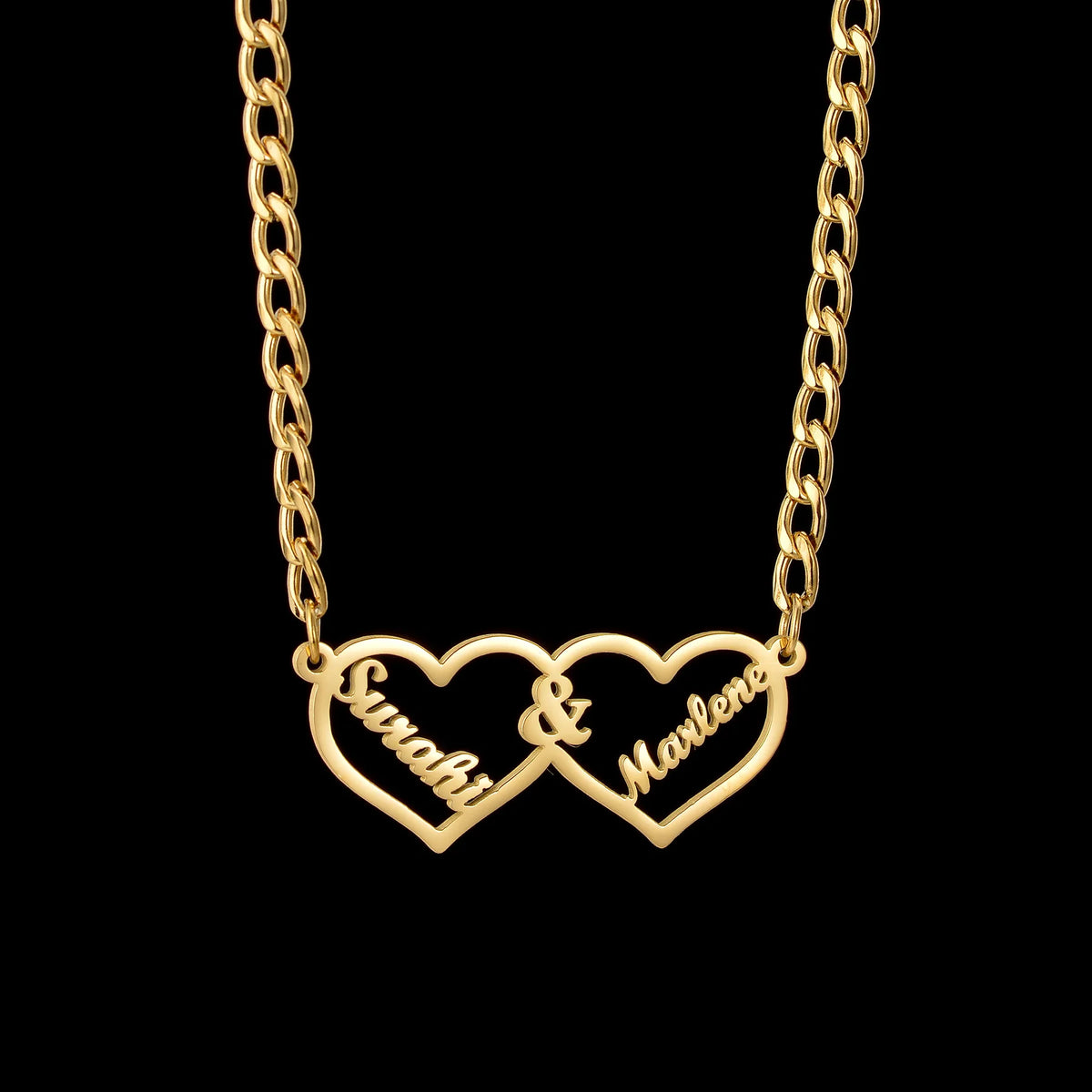 Collier Personnalisé 2 Prénoms – Cœur en Zircon, Acier Inoxydable