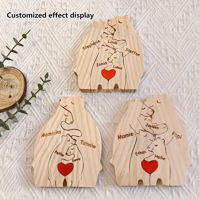 Puzzle Famille d’Ours en Bois Personnalisé avec Prénoms