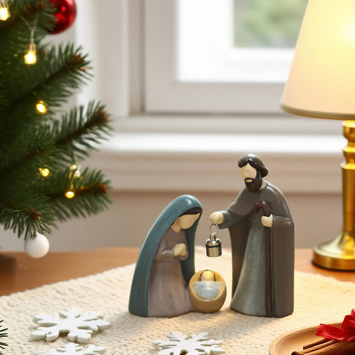 2-pCS Christmas Nativity Scene Ornament, Luminous Handheld Lamp, Rotary Switch, Resin Crafts