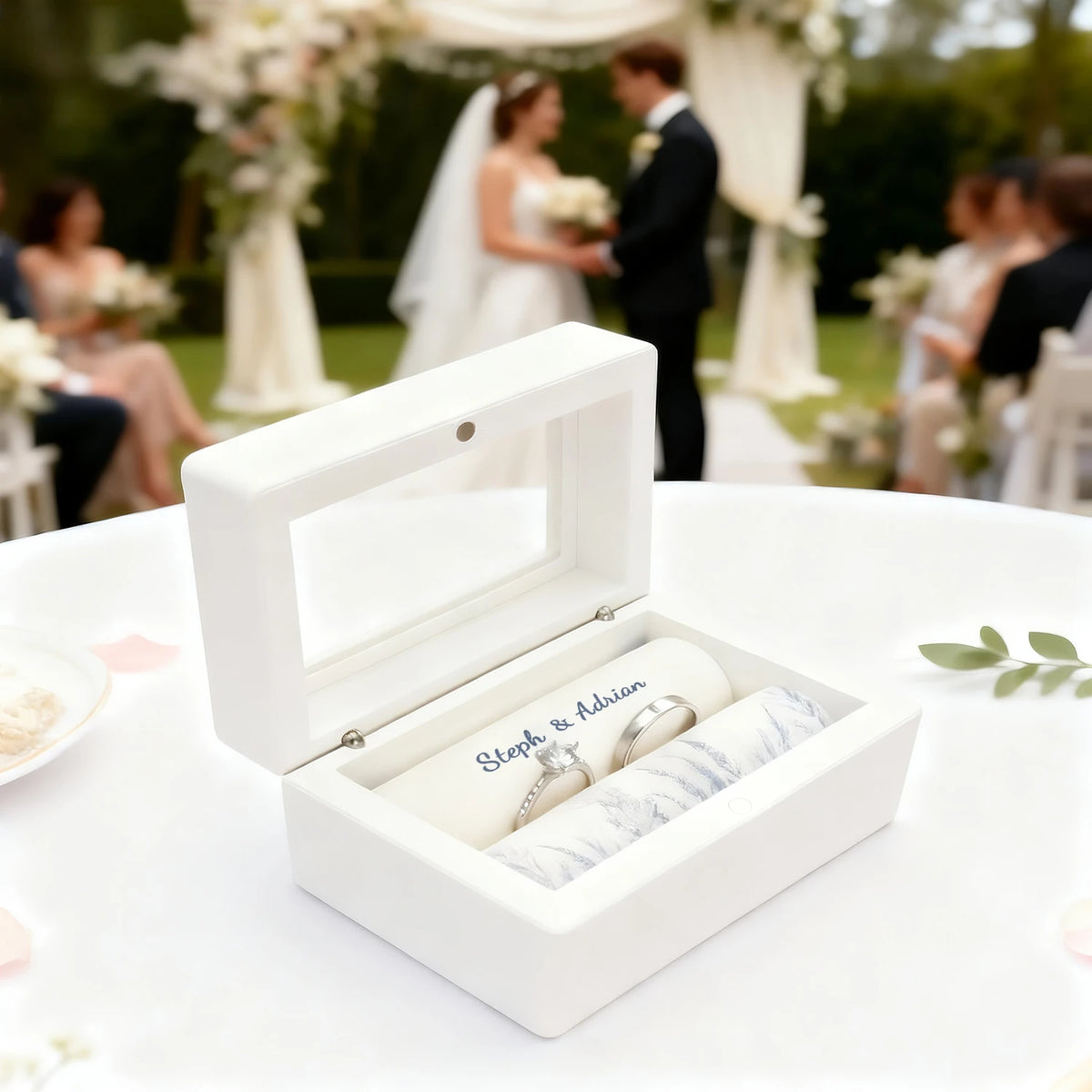Coffret à Alliances Blanc avec Fenêtre – Prénoms & Date Gravés