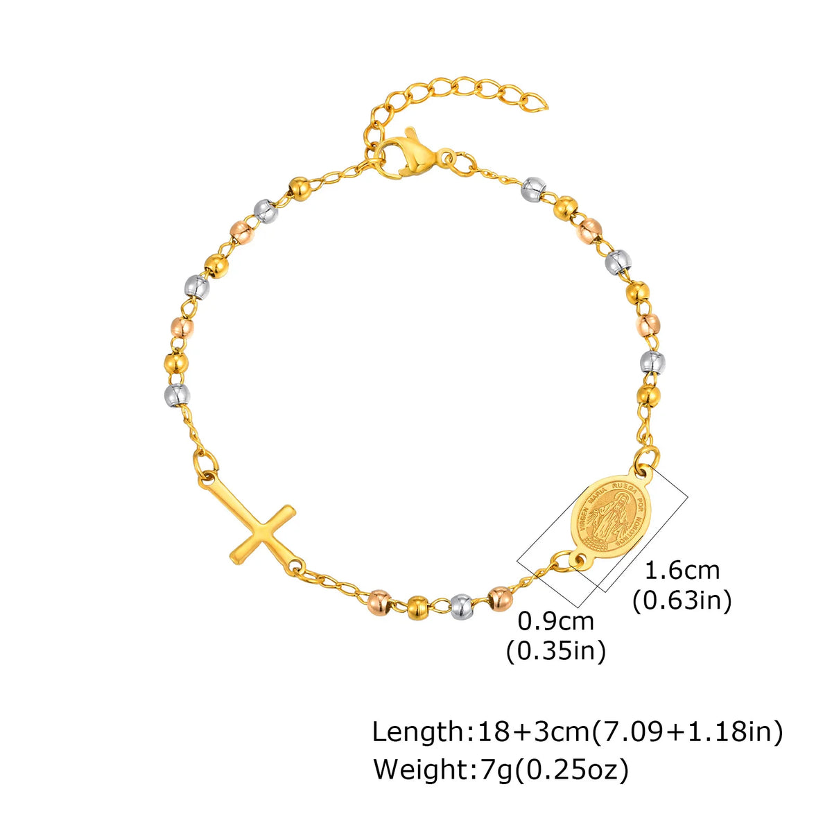Bracelet Fin Croix & Médaille Vierge Marie – Acier Inoxydable