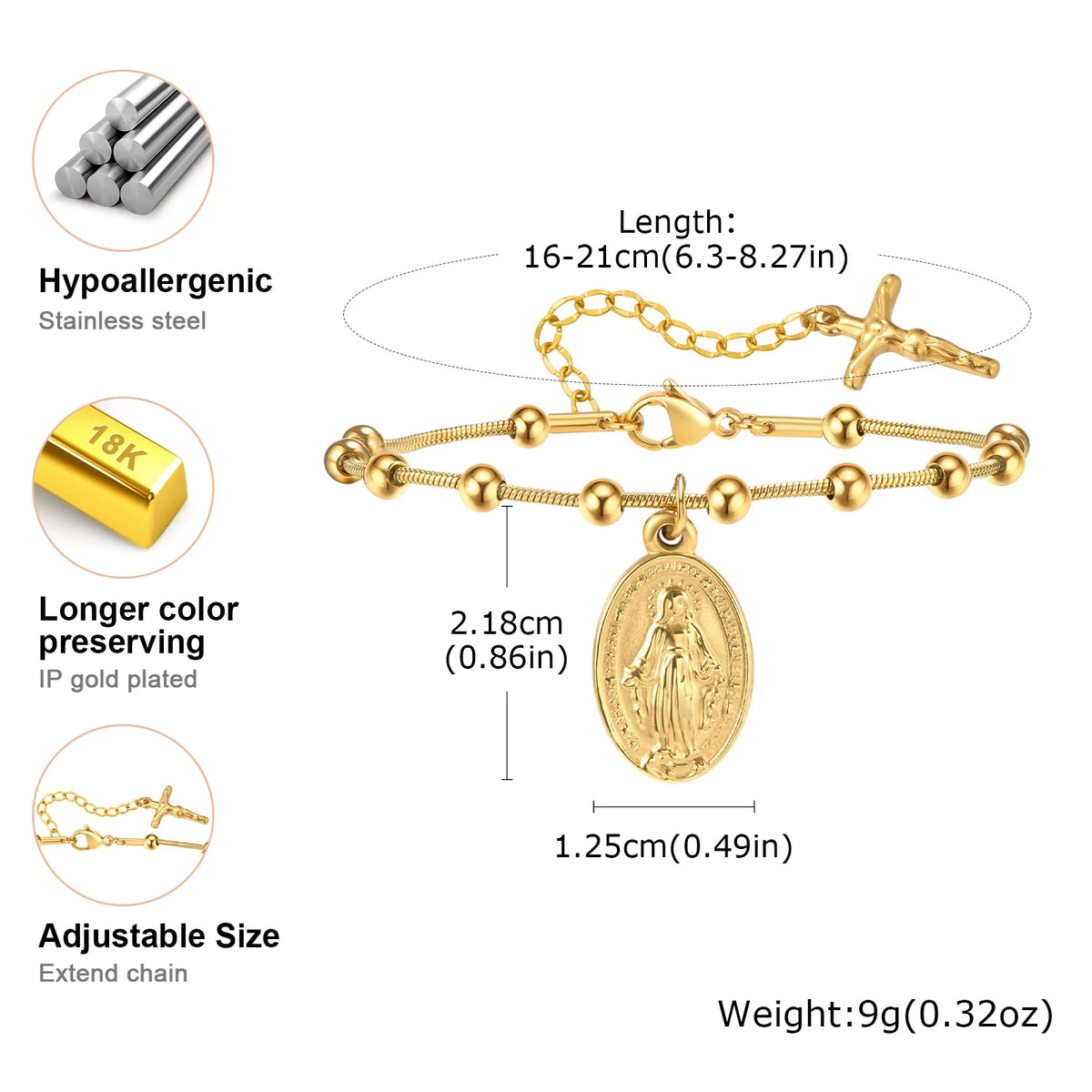 Bracelet Chapelet Double Chaîne – Médaille Vierge Marie & Croix
