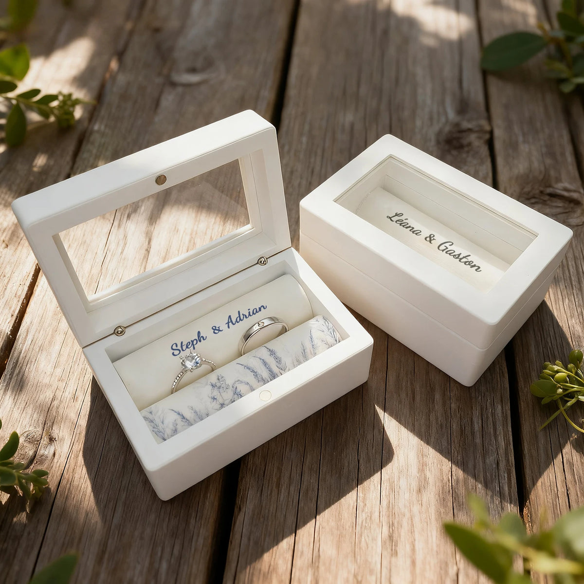 Coffret à Alliances Blanc avec Fenêtre – Prénoms & Date Gravés