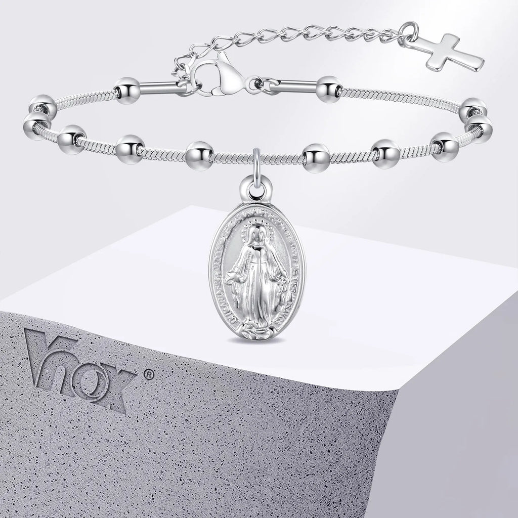 Bracelet Chapelet Médaille Vierge Marie – Acier, Ajustable 16 à 21 cm