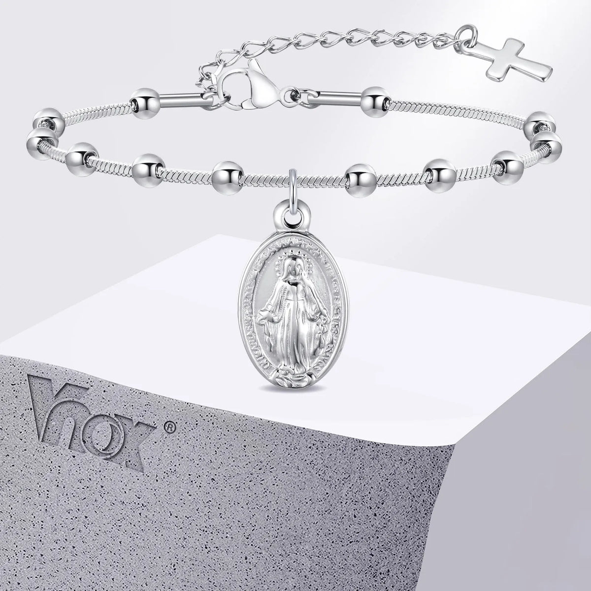 Bracelet Chapelet Médaille Vierge Marie – Acier, Ajustable 16 à 21 cm