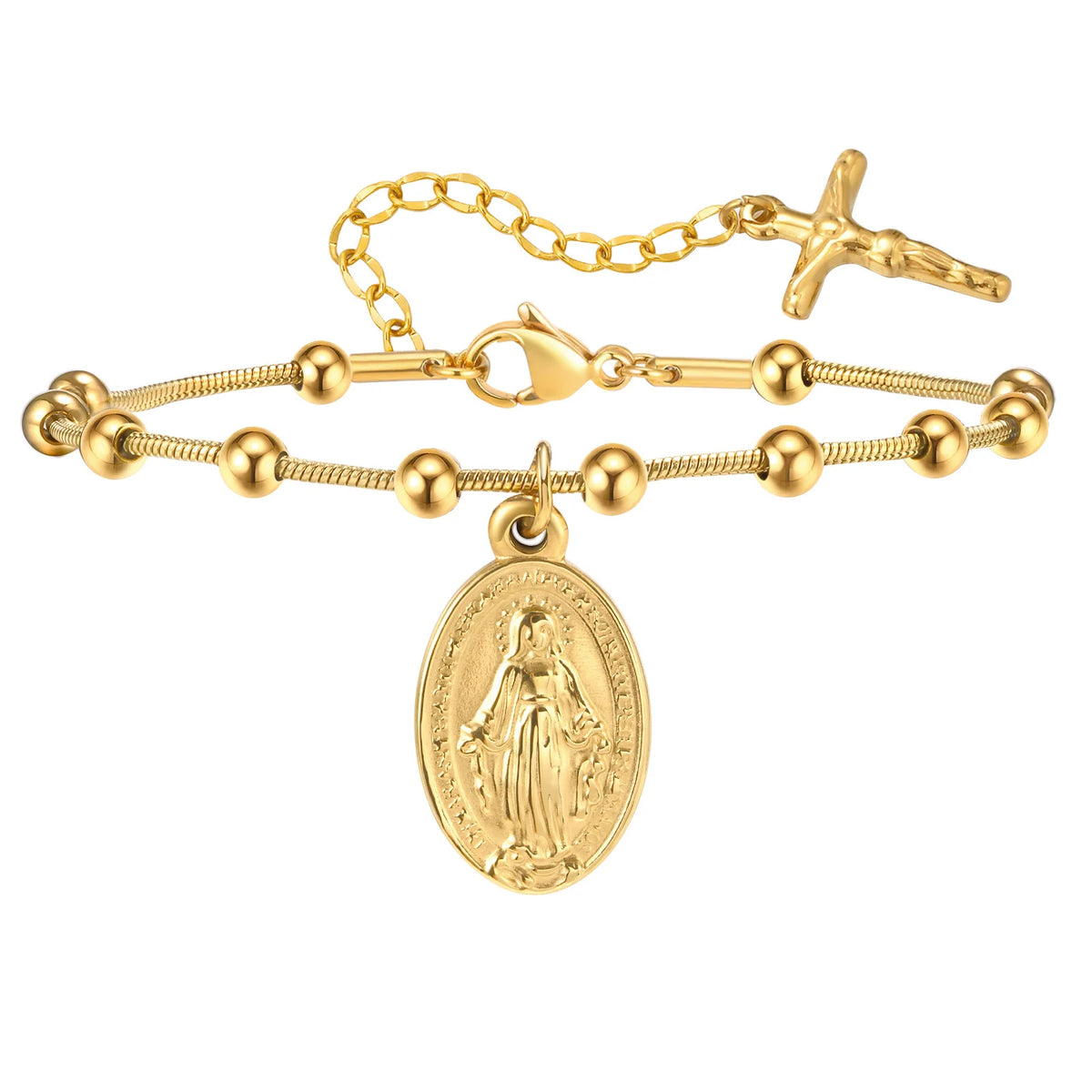 Bracelet Chapelet Médaille Vierge Marie – Acier, Ajustable 16 à 21 cm