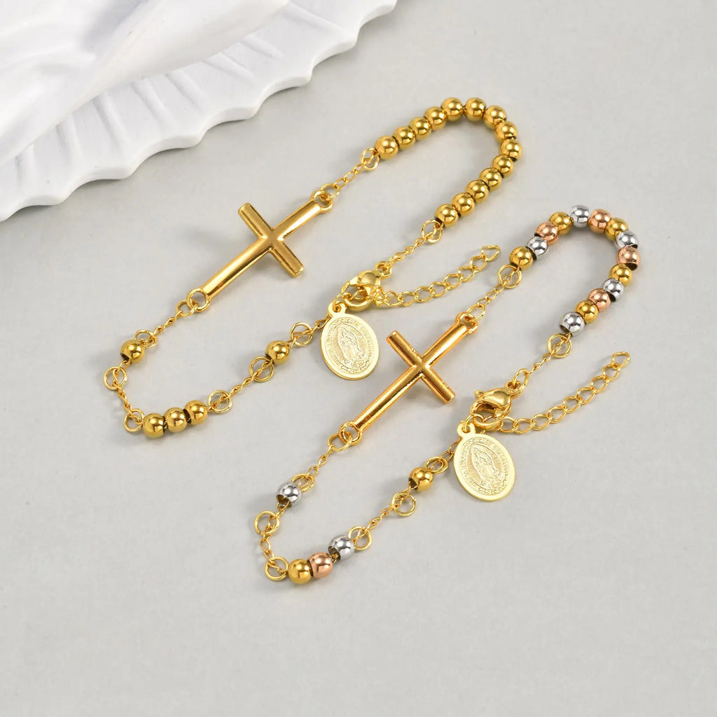 Bracelet Croix & Médaille – Perles Dorées ou Tricolores