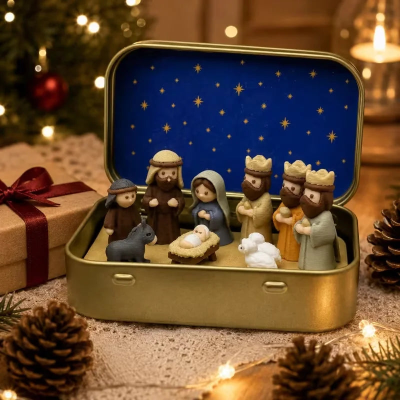 Mini Crèche de Noël dans sa Boîte en Métal – Nativité de Poche