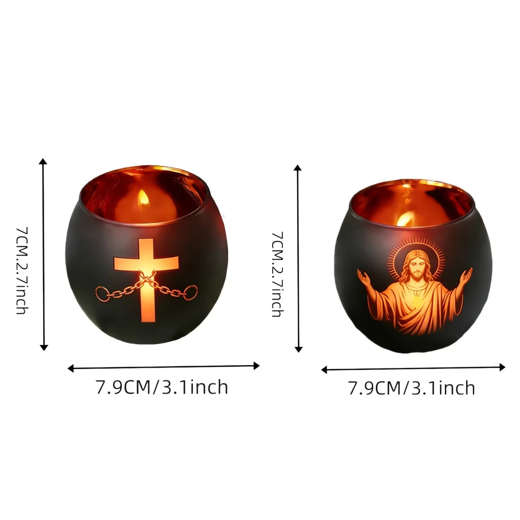 Lot de 2 Photophores en Verre Noir – Jésus et Croix Lumineux